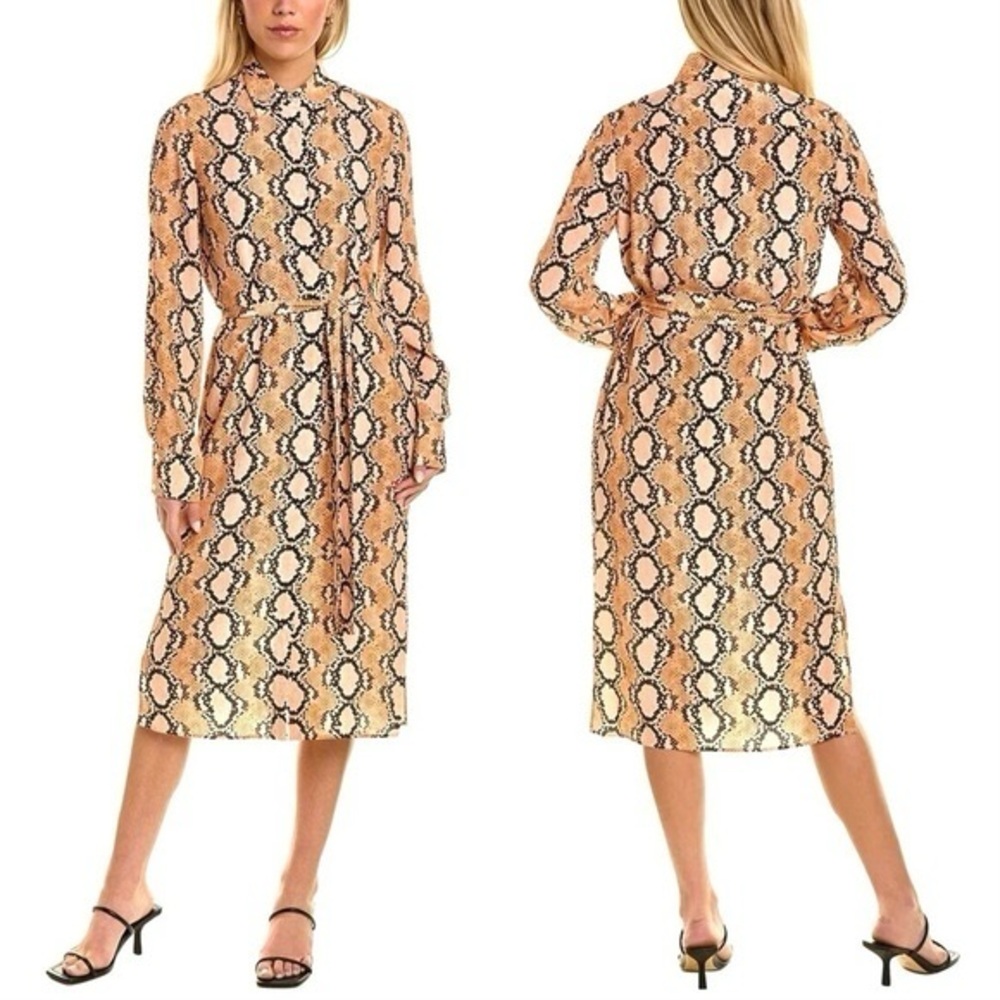 St. John Collection Snakeskin Print Long Sleeve Silk Shirtdress Size 12 Belted